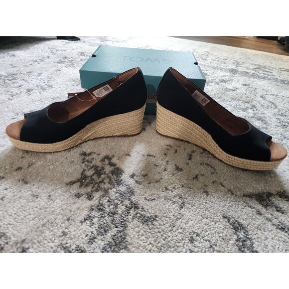 Toms Womens Rania Black Beige Peep Toe Slip-On Espadrille Sandals Size 8 w/ Tags - Picture 3 of 9